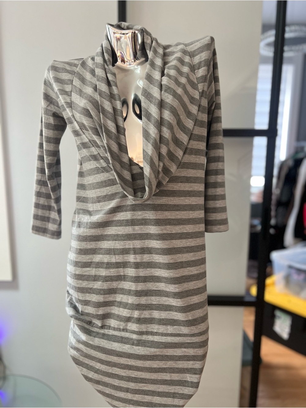 kenzie Gray & Light Gray Striped Cowl Neck 3/4 Sleeves Sweater